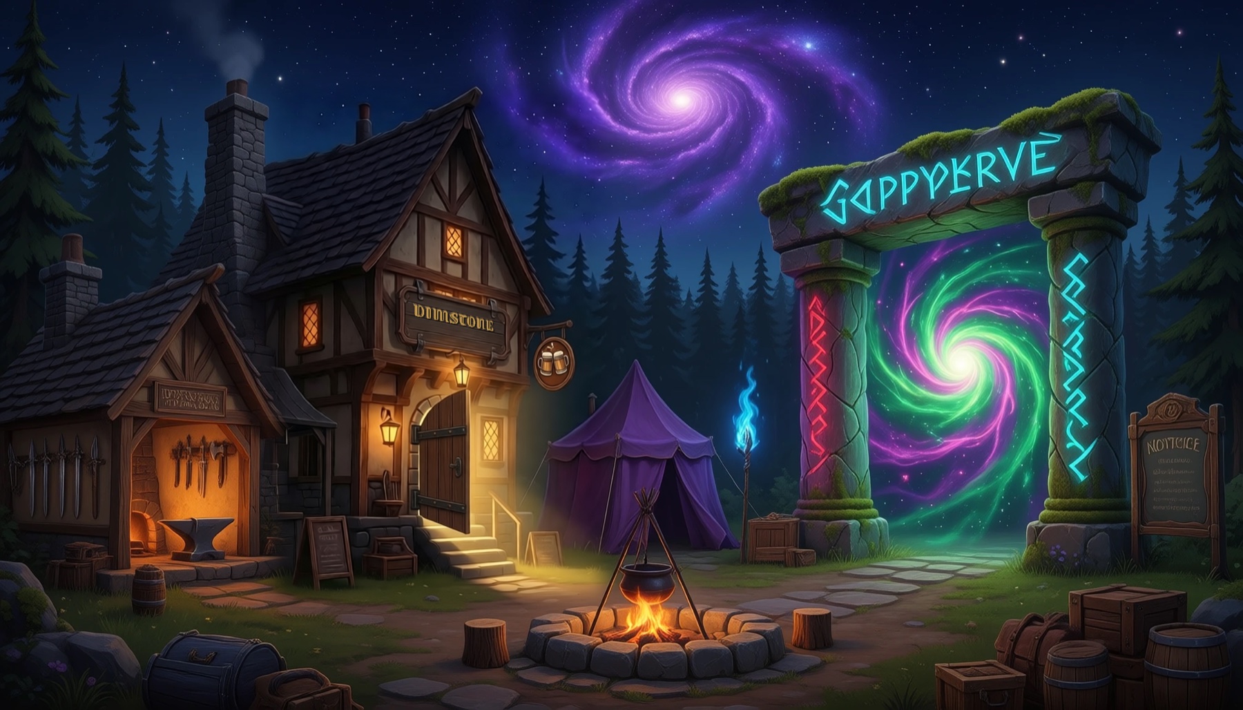 The Camp at night — a timber tavern and a blacksmith's forge beside a campfire, a rune-carved stone portal swirling green and violet, and a spiral galaxy overhead.