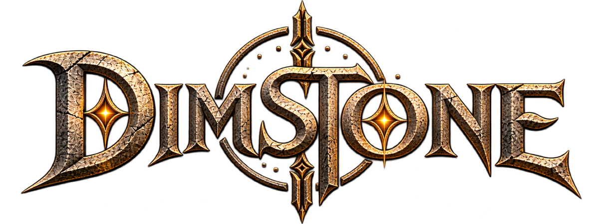 DIMSTONE — the band's wordmark, carved stone letters edged in gold with a four-point star set into the D and the O.