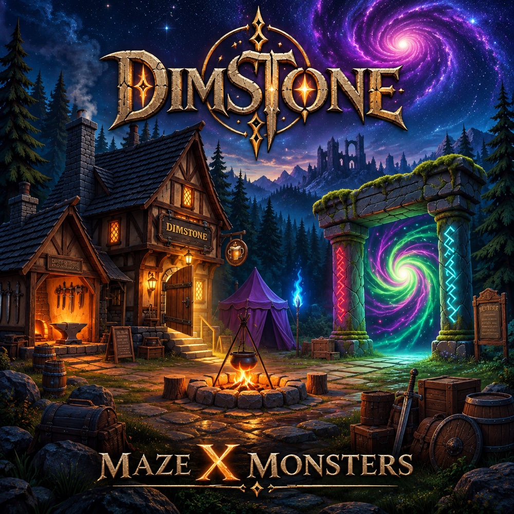 Album cover — the Camp at night under a spiral galaxy, with the DIMSTONE wordmark above and Maze X Monsters below.